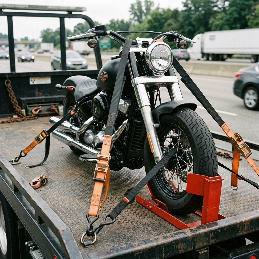 Motorrad sicher verzurrt auf Abschleppwagen
